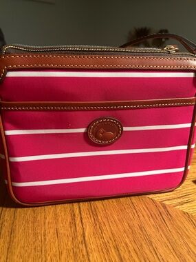 Dooney & Bourke Hot Pink and White Striped Crossbody with Brown Leather Trim